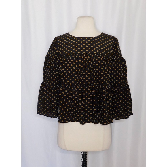 MADEWELL Silk Black Gold Heart Flip Button Back Tiered Top Blouse X-Small - Picture 3 of 16